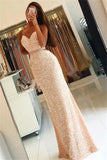 Spaghetti Straps Sequins Long Evening Dresses Open Back Prom Dress with Beading Belt BA3978