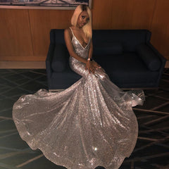 Spaghetti Straps Shiny Silver Sequins Prom Dresses Sexy | V-neck Open back Evening Gowns