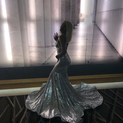 Spaghetti Straps Shiny Silver Sequins Prom Dresses Sexy | V-neck Open back Evening Gowns