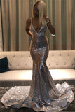 Spaghetti Straps Shiny Silver Sequins Prom Dresses Sexy | V-neck Open back Evening Gowns