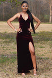 Spaghetti Straps Side Slipt Velvet Prom Dress | V-neck Mermaid Sleeveless Evening Dresses