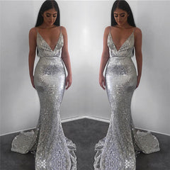 Spaghetti Straps Silver Sequins Sexy Evening Dresses | V-neck Mermaid Formal Prom Dresses BC0851