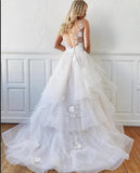 Spaghetti Straps Simple Wedding Dress with Layers Tulle Lace Appliques