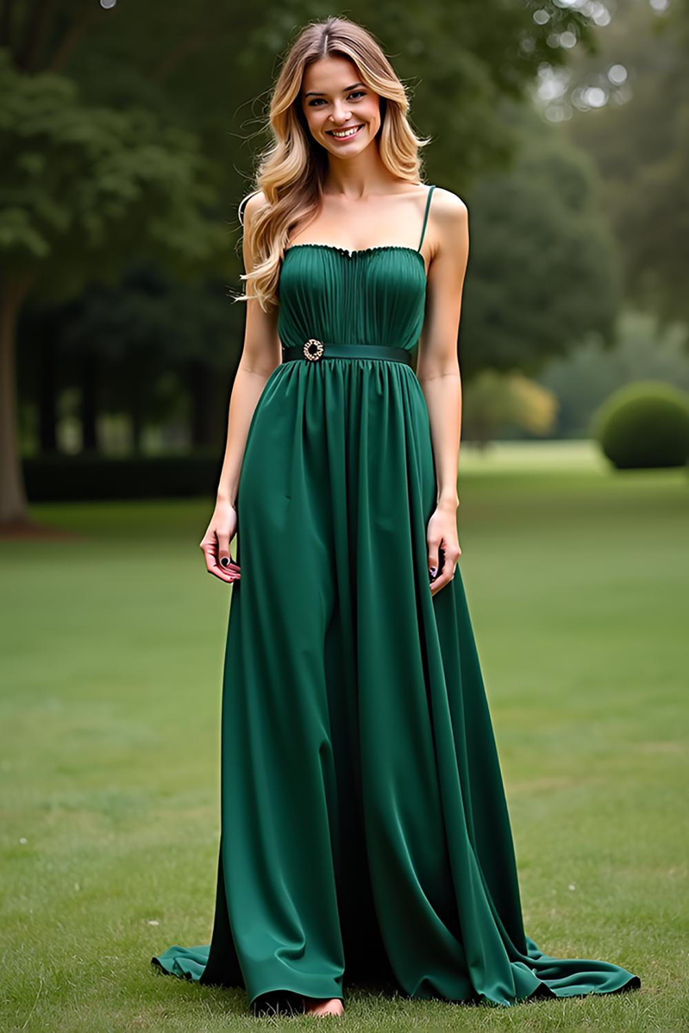 Spaghetti Straps Square Neck Dark Green Wedding Guest Dress Long Formal Dress
