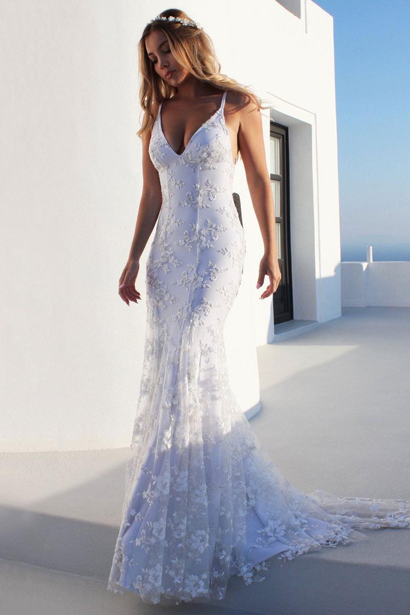 Spaghetti Straps Tulle V Neck Appliques Backless Mermaid Wedding Dresses