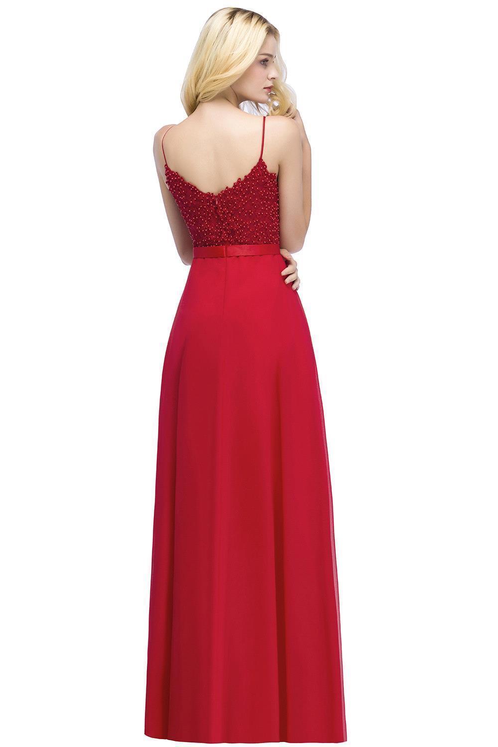 Spaghetti Straps V-Neck Chiffon Lace Evening Dress in Stock