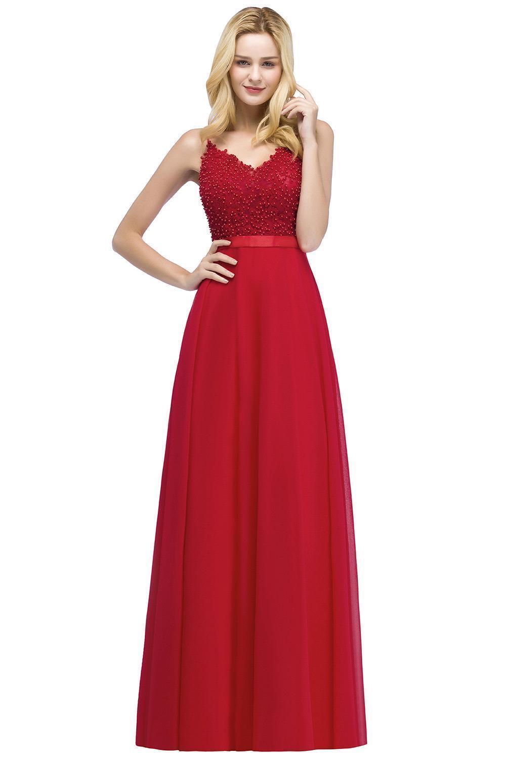 Spaghetti Straps V-Neck Chiffon Lace Evening Dress in Stock