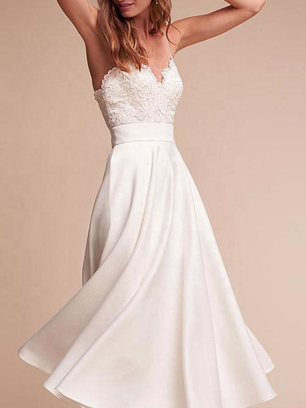 Spaghetti Straps V Neck Lace Tea-Length Ruffles Beach Wedding Dresses