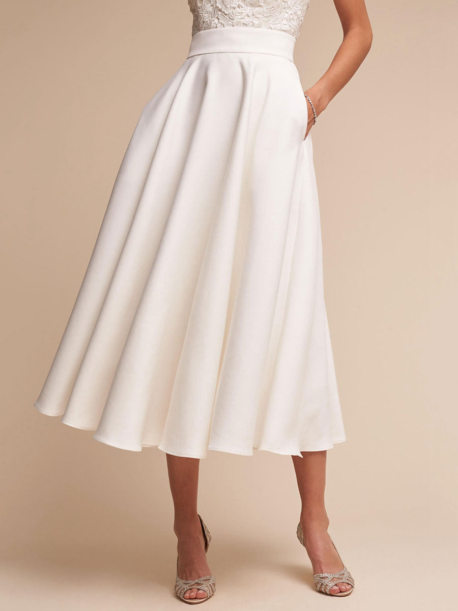 Spaghetti Straps V Neck Lace Tea-Length Ruffles Beach Wedding Dresses