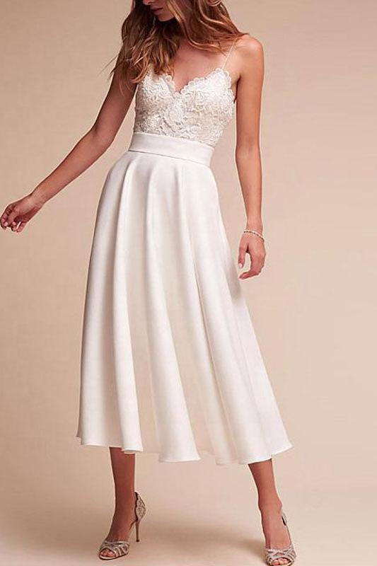 Spaghetti Straps V Neck Lace Tea-Length Ruffles Wedding Dresses
