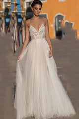 Spaghetti Straps V Neck Tulle Lace A-Line Prom Dresses