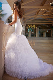 Spaghetti Straps White Mermaid Wedding Dresses Applique Sweep Train Sexy Bridal Gowns SZSM171