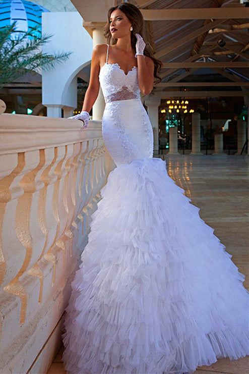 Spaghetti Straps White Mermaid Wedding Dresses Applique Sweep Train Sexy Bridal Gowns SZSM171