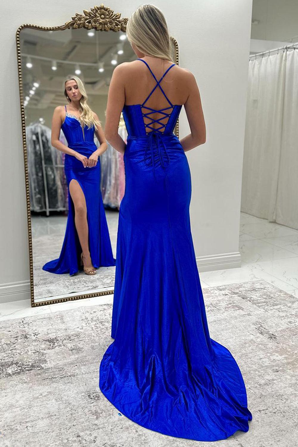 Spaghetti Straps Yellow Prom Dress Mermaid Corset Formal Dress With Slit