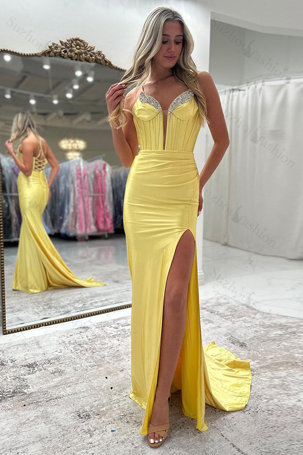 yellow prom dresses ball gown Suzhoufashion Spaghetti Straps Yellow Prom Dress Mermaid Corset Formal Dress With Slit