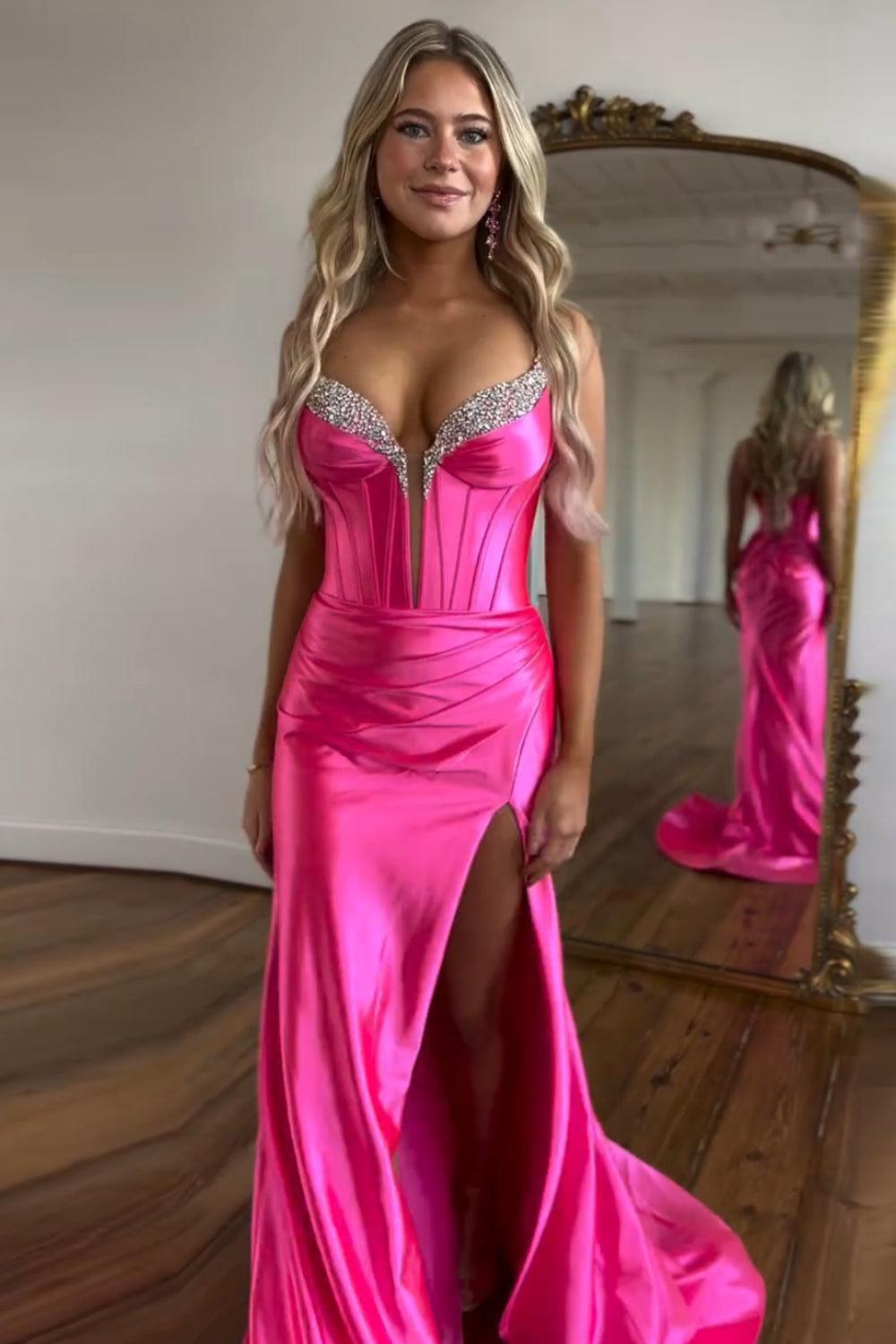 Spaghetti Straps Yellow Prom Dress Mermaid Corset Formal Dress With Slit