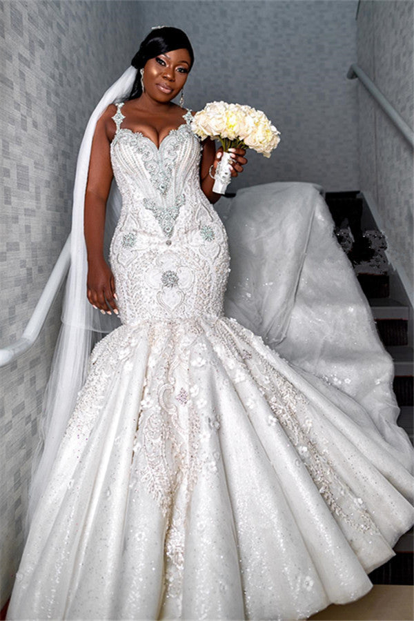 mermaid wedding dress with beading Spaghetti strap Luxury Sweetheart Dresses | Appliques Bridal Dresses BC4181 LowStock:43693597851699 Shoe Size:UK 7 - EU 40 - US 9 Featuring illusion neckline Badgley Mischka Draped Plum