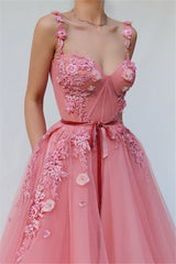 Spaghetti-straps A-Line Tulle Party Dresses | Sleeveless Appliques Flower Prom Dresses