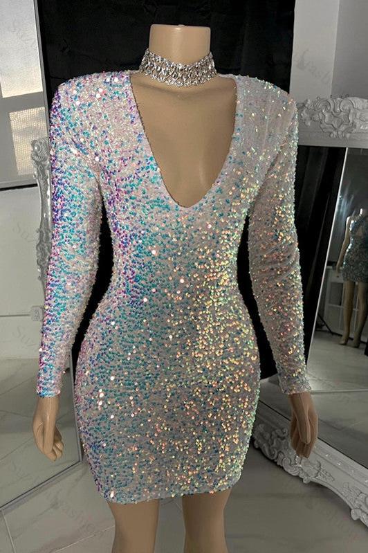 Sparking V-neck Homecoming Dress Long Sleeves Mini Cocktail Dress