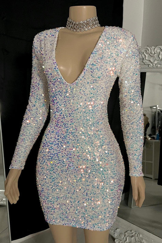 Sparking V-neck Homecoming Dress Long Sleeves Mini Cocktail Dress