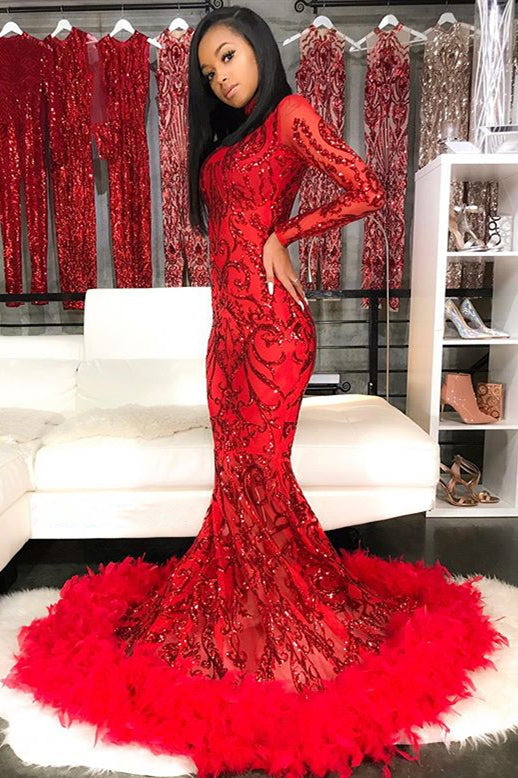 Sparkle Appliques Long Sleeve Mermaid Red Prom Dresses with Feather BC4126