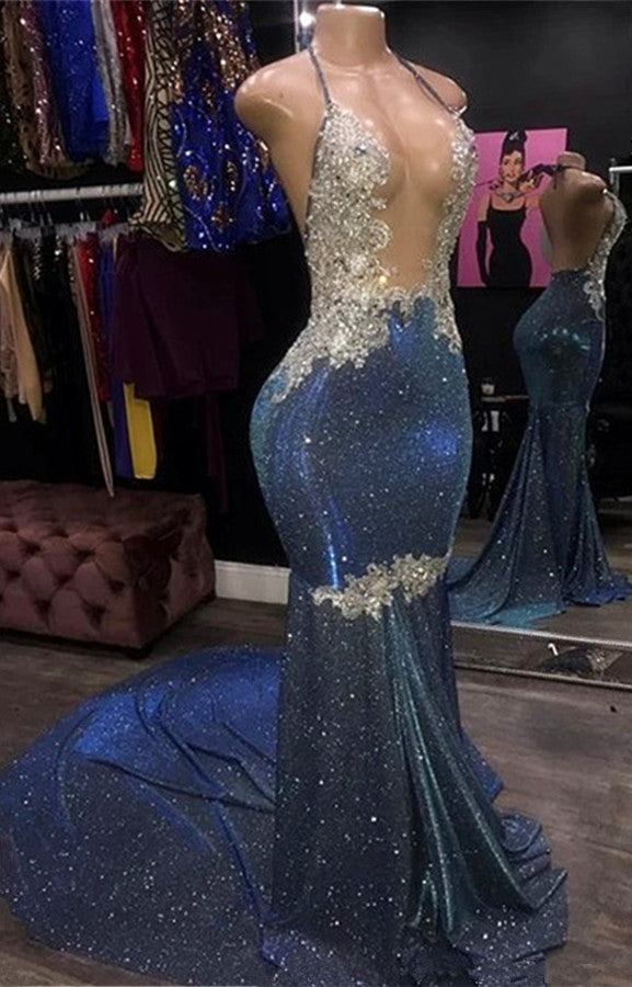 Sparkle Blue Sexy Prom Dresses | Mermaid Silver Aplliques Long Evening ...