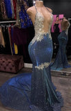 Sparkle Blue Sexy Prom Dresses | Mermaid Silver Aplliques Long Evening Gowns