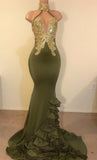 Sparkle Gold Appliques Sexy Prom Dress on Mannequins | Mermaid Ruffles Halter Evening Gowns BC0988