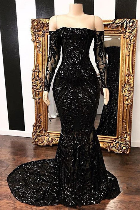 Sparkle Off The Shoulder Black Prom Dresses Long Sleeve Mermaid Formal Evening Gowns