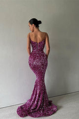 Sparkle Purple Spaghetti Strap Sequin Mermaid Long Evening Prom Dresses