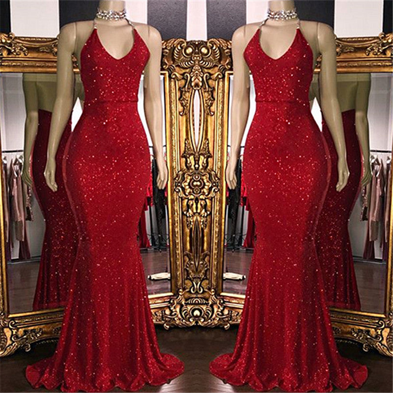 Sparkle Sequins Sexy Red Prom Dresses Backless Formal Evening Gowns BC1085