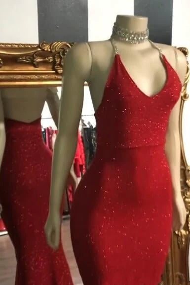 Sparkle Sequins Sexy Red Prom Dresses Backless Formal Evening Gowns BC1085