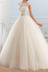 Sparkle & Shine Ball Gown Wedding Dress Lace Tulle Cap Sleeve Vintage Bridal Gowns Illusion Detail with Sweep Train