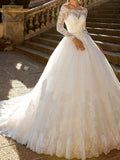 Sparkle & Shine Ball Gown Wedding Dress Off Shoulder Lace Tulle Lace Glamorous Long Sleeves Bridal Gowns with Chapel Train