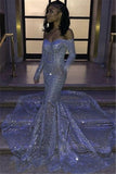 Sparkle Silver Sequin Prom Dresses  | Mermaid Long Sleeve Sexy Evening Gowns