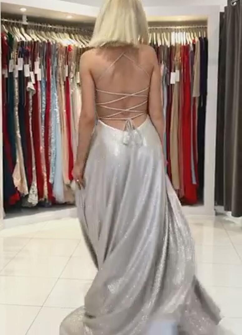 Sparkle V Neck Silver Ruffles A-Line Prom Dresses Long