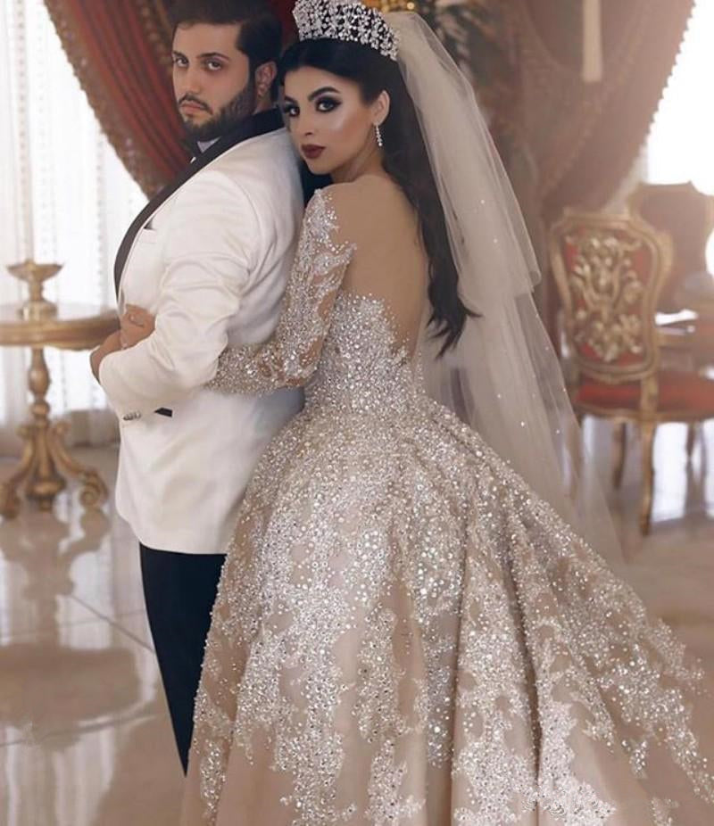 wedding dress beads crystals Luxurious Crystal Pearl Beaded Long Sleeves Ball Gowns Wedding Dresses For Bride