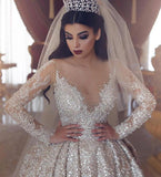 Sparkling Beads Crystal V-neck Ball Gown Wedding Dresses | Backless Sheer Tulle Long Sleeve Bridal Gowns