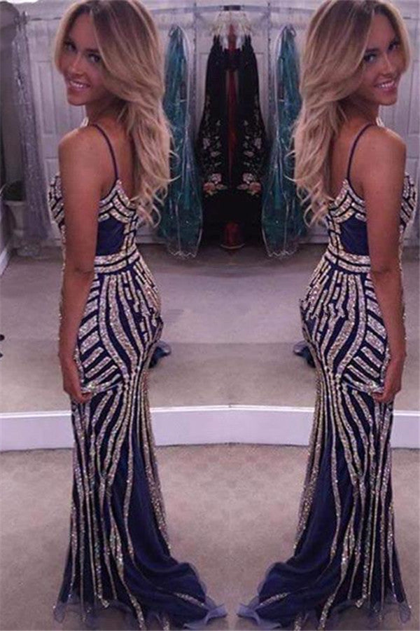 Sparkling Crystal Spaghetti Evening Gown Straps Mermaid Zipper Glamorous Prom Dress