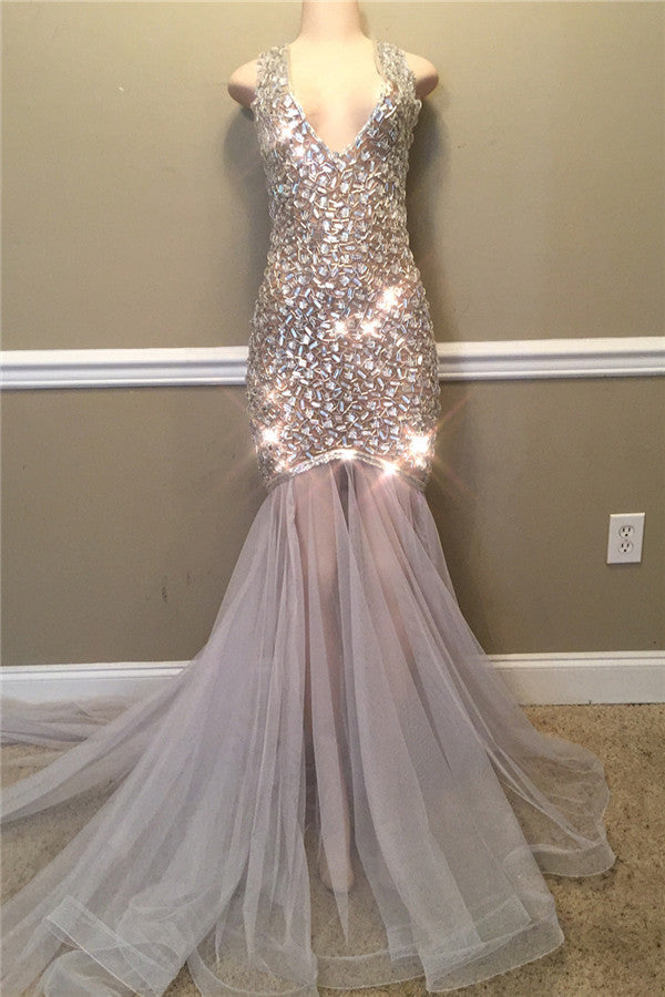 Sparkling Crystal Straps V-neck Prom Dresses | Open Back Mermaid Sexy Evening Gowns