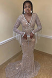 Sparkling Sequins Long Sleeve Prom Dresses | V-neck Tassels Sheath Silver Formal Evening Gowns
