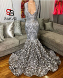 Sparkling Sequins Sliver Flower Prom dresses | Sexy Deep V-neck Mermaid Evening Gowns