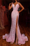 Sparkling Sequins Spaghetti Straps Prom Dress | Sexy Side Slipt Mermaid Evening Gowns