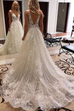 Sparkling V-neck Lace Appliques Wedding Dresses | Sexy A-line Backless Straps Bridal Gowns