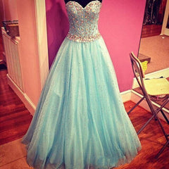 Sparkly Baby Blue Prom Dress Sweetheart Evening Gowns with Crystals Belt