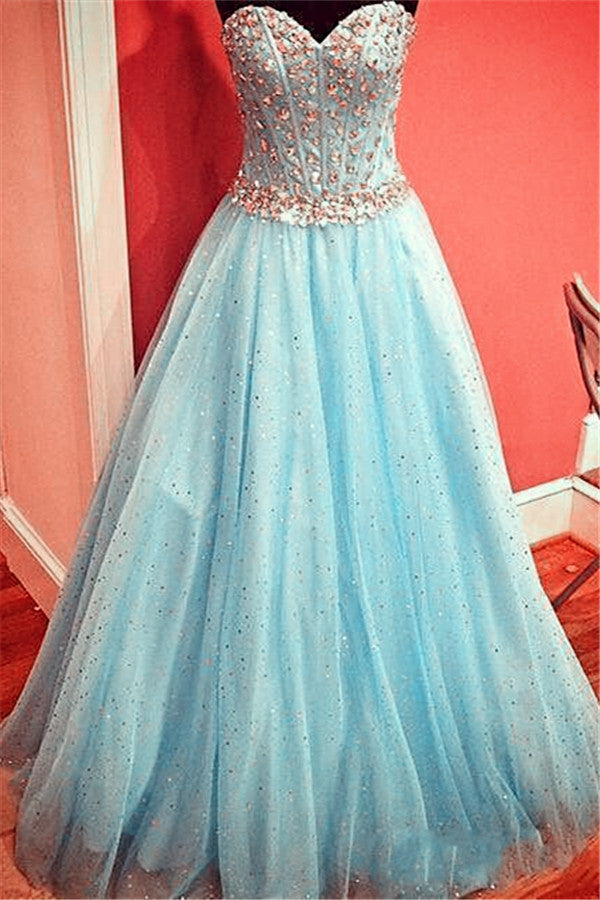 Sparkly Baby Blue Prom Dress Sweetheart Evening Gowns with Crystals Belt