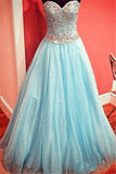 Sparkly Baby Blue Prom Dress Sweetheart Evening Gowns with Crystals Belt
