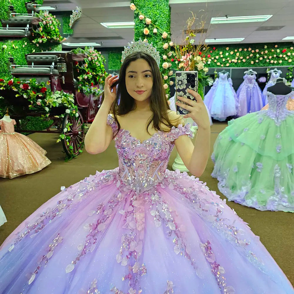 Sparkly Ball Gown Off Shoulder Appliques Beaded Tulle Princess Prom Party Gown Quinceanera Dresses For Sweet 16 Dress