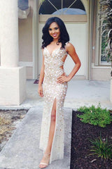 Sparkly Beads Crusyals Prom Dresses Side Slit Cutaway Evening Dress BA4156
