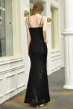 Sparkly Black Sequins Spaghetti Straps V-Neck Affordable Prom Dress
